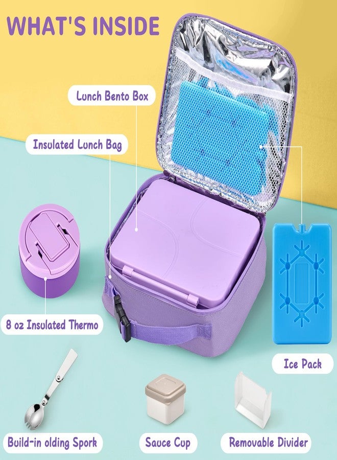 MAXSO Bento Lunch Box Set with 8 oz Soup Thermo, Kids Leakproof 4 Compartments Hot Food Container with Sauce Cup, Ice Pack and Lunch Bag, Child Insulated Food Jar for School - Purple - Image 4